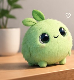 Leaf the Wimzii sitting on a wooden desk next to a plant