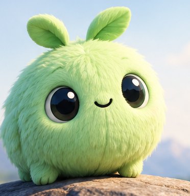 Leaf, a round, fuzzy green Wimzii with two leaf sprouts, sitting on a rock